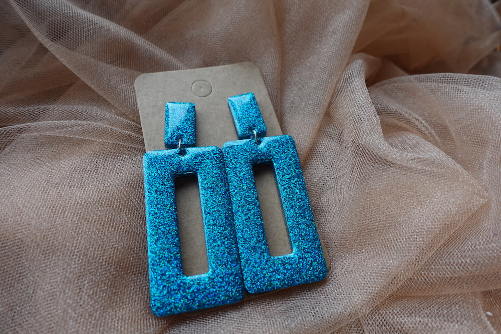 Holografische oorbellen - turquoise statement oorbellen rechthoek