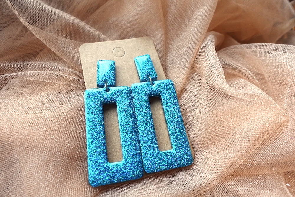Holografische oorbellen - turquoise statement oorbellen rechthoek