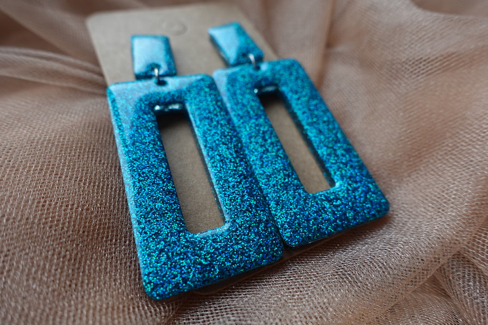 Holografische oorbellen - turquoise statement oorbellen rechthoek