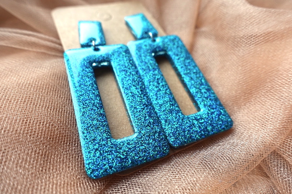 Holografische oorbellen - turquoise statement oorbellen rechthoek