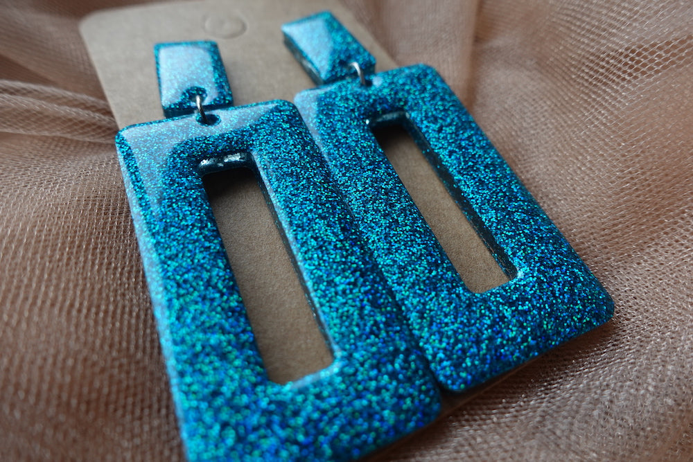 Holografische oorbellen - turquoise statement oorbellen rechthoek