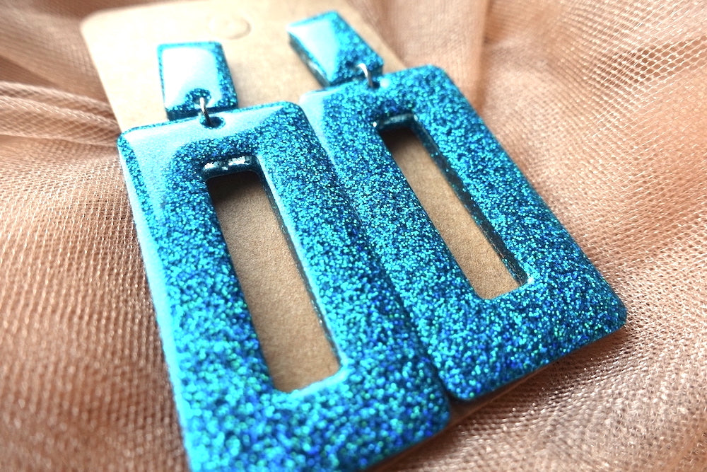 Holografische oorbellen - turquoise statement oorbellen rechthoek
