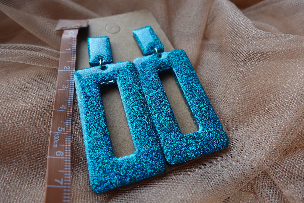 Holografische oorbellen - turquoise statement oorbellen rechthoek