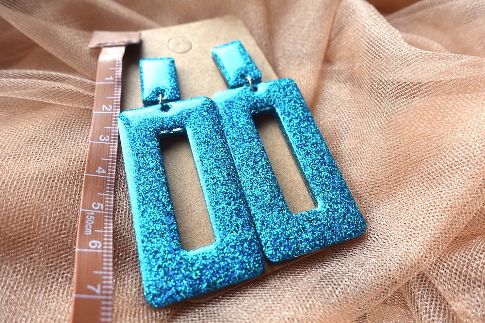 Holografische oorbellen - turquoise statement oorbellen rechthoek