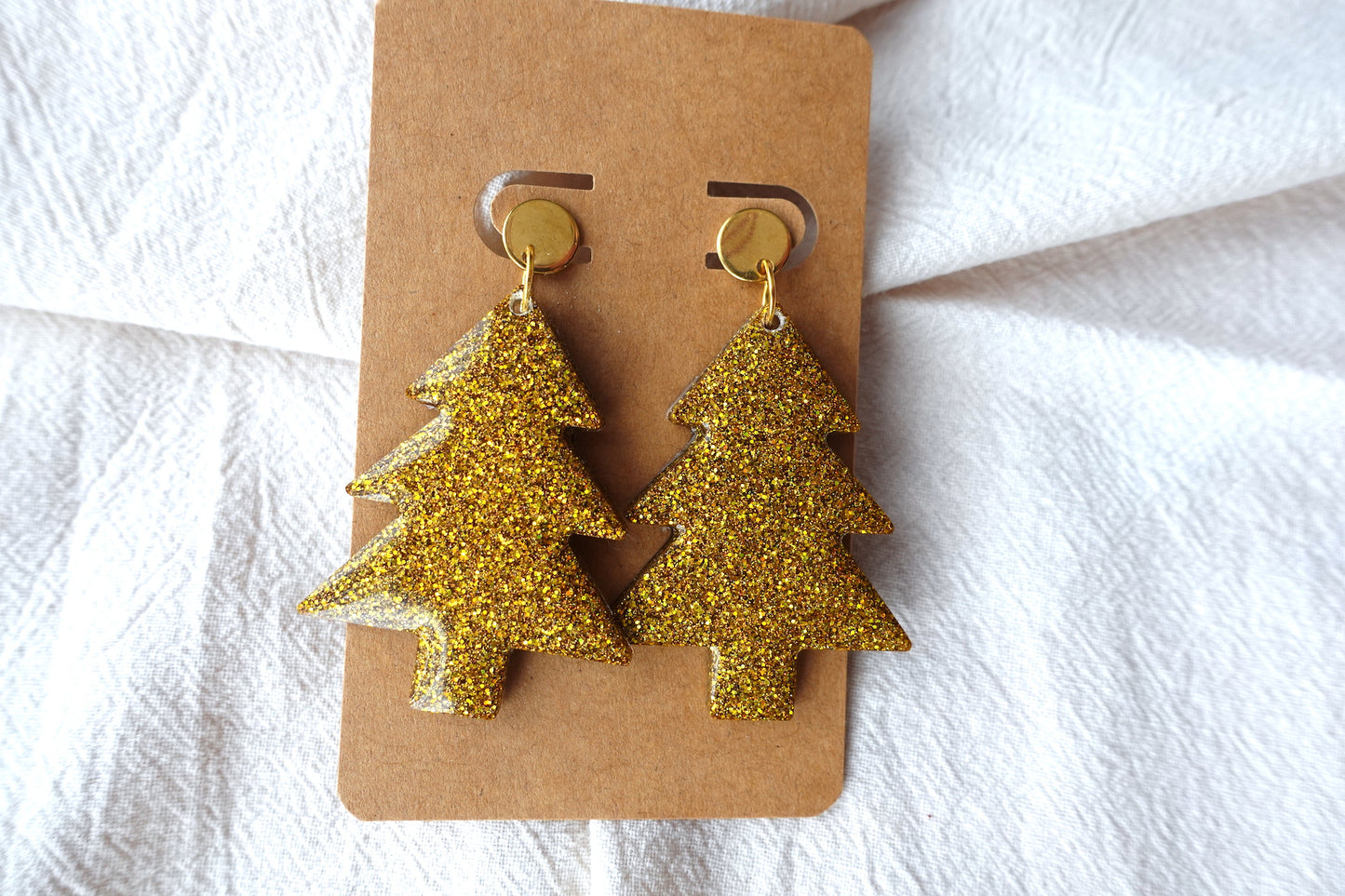 Holografische, gouden kerstboom oorbellen met stud