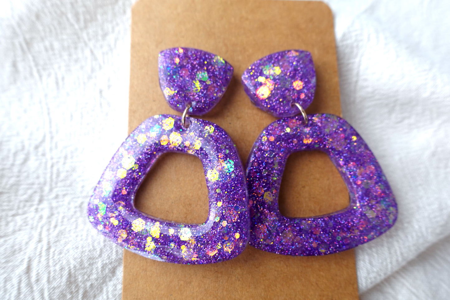 Trapezium donut paarse oorbellen glitter holografische oorbellen - statement oorbellen