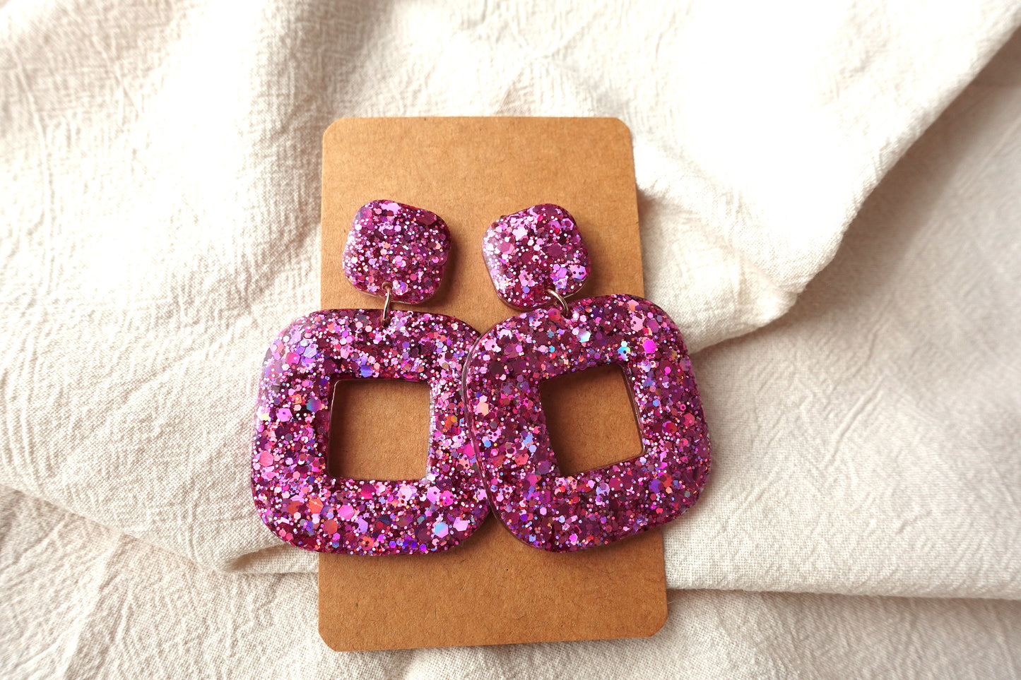 Vierkante donut oorbellen roze glitter holografische oorbellen - statement oorbellen