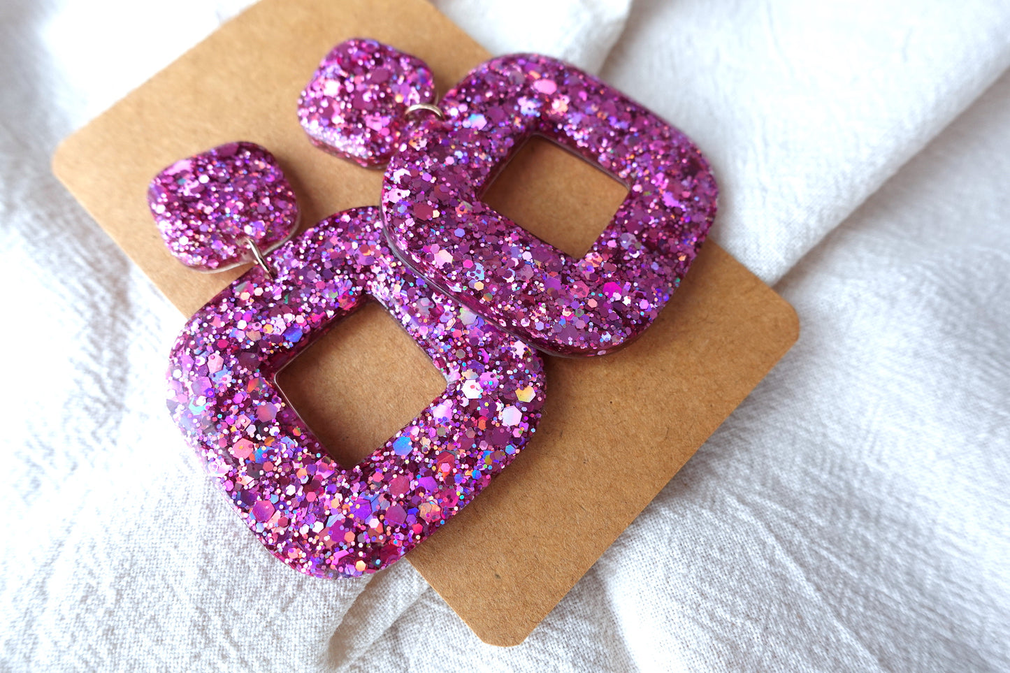 Vierkante donut oorbellen roze glitter holografische oorbellen - statement oorbellen