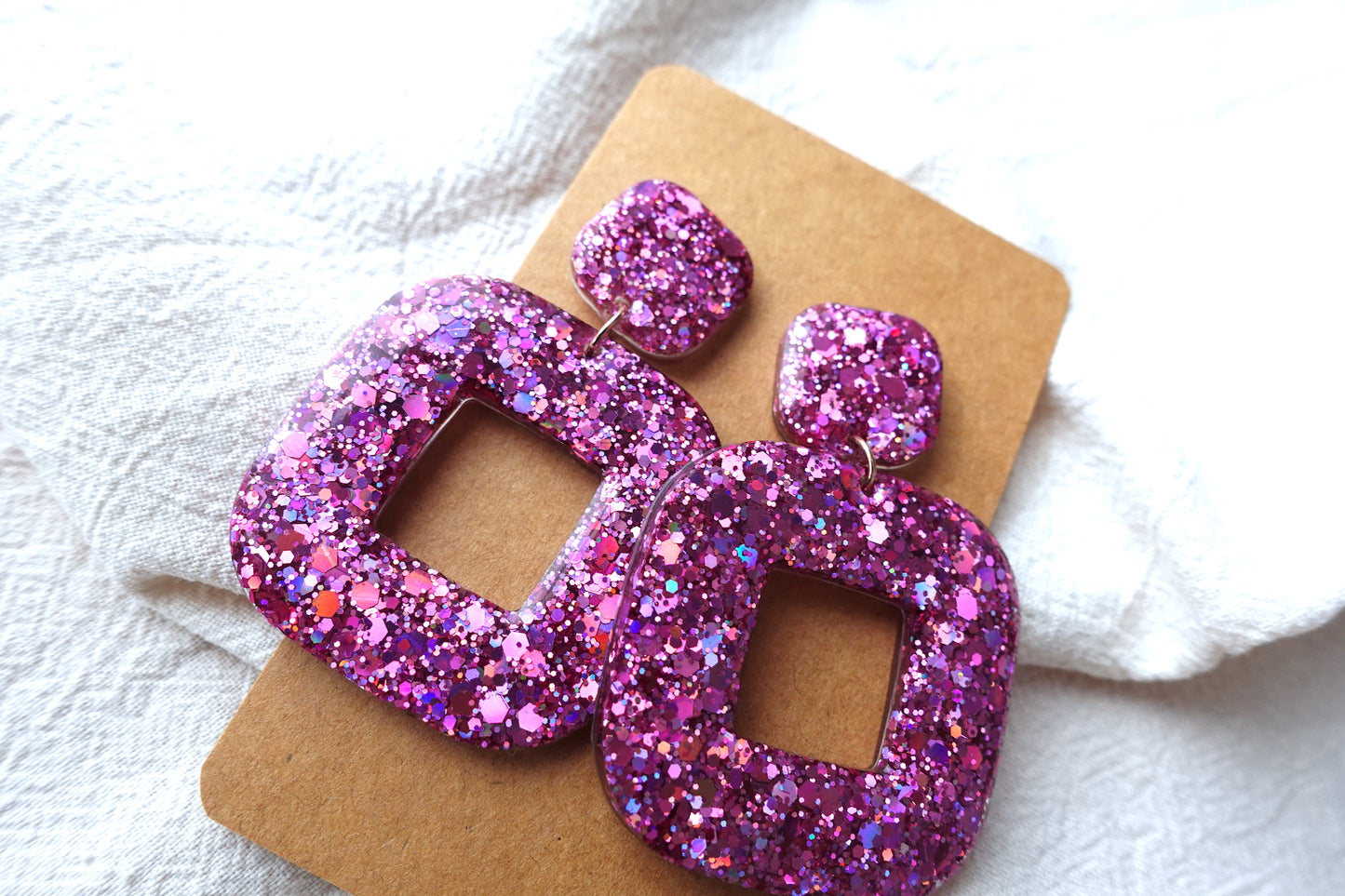 Vierkante donut oorbellen roze glitter holografische oorbellen - statement oorbellen