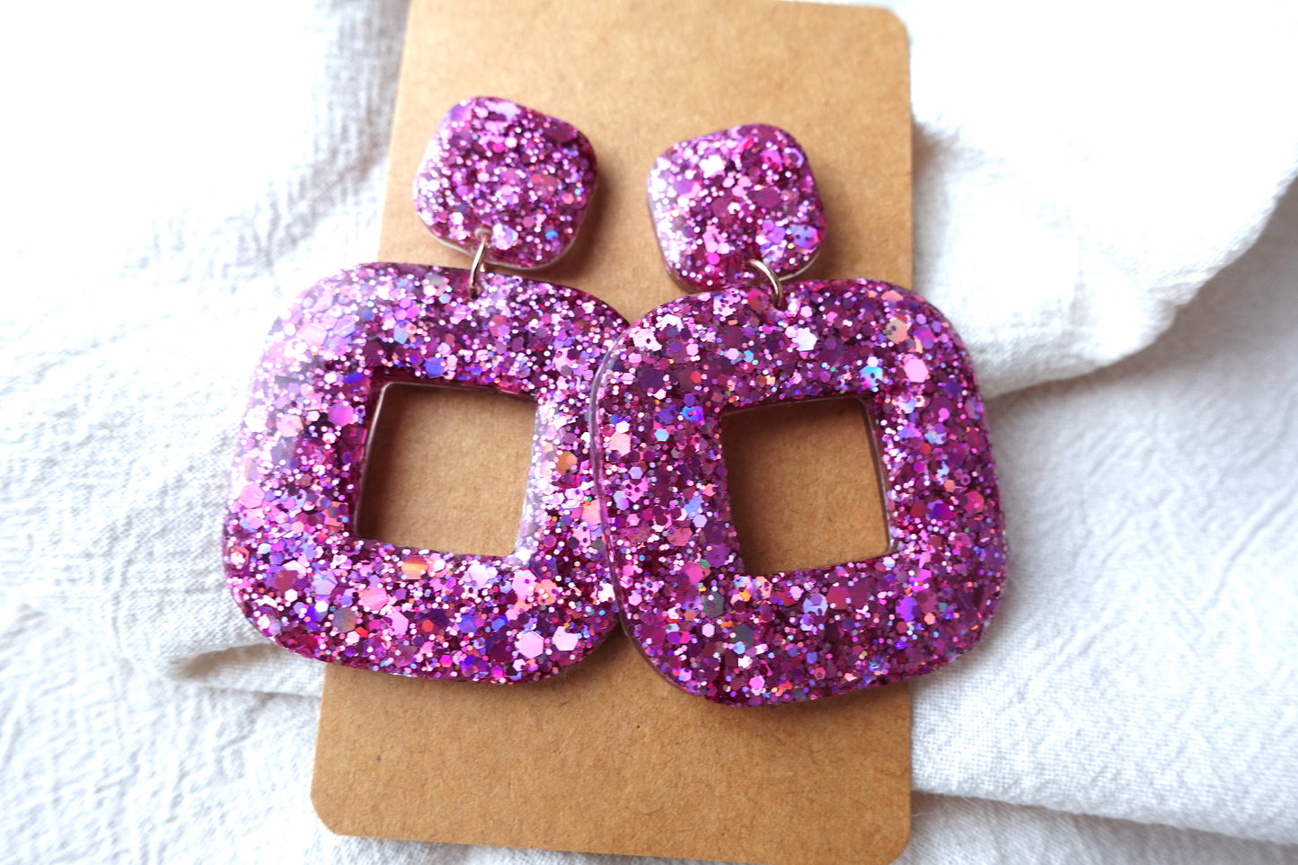 Vierkante donut oorbellen roze glitter holografische oorbellen - statement oorbellen