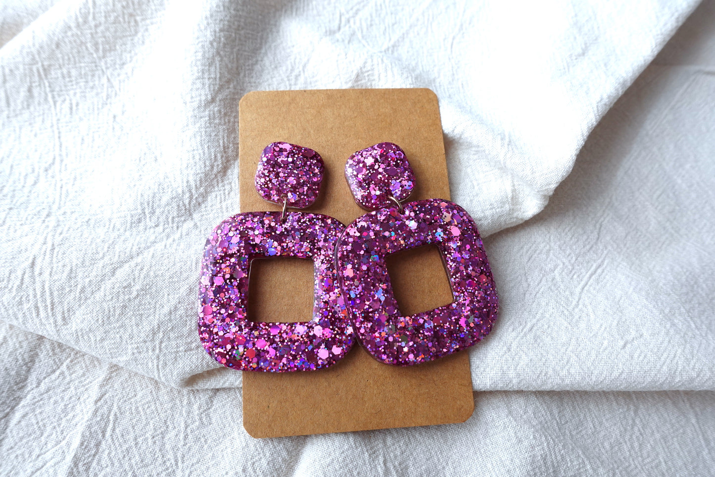 Vierkante donut oorbellen roze glitter holografische oorbellen - statement oorbellen