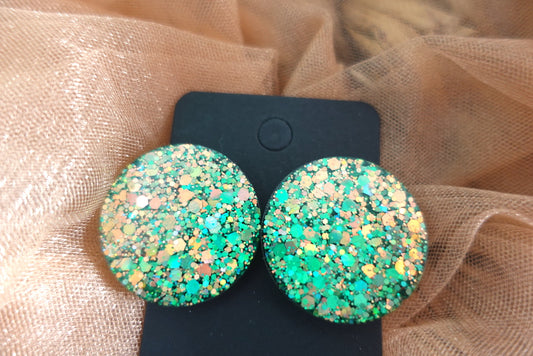 Maxi studs glitter oorbellen (goud, groen, oranje)