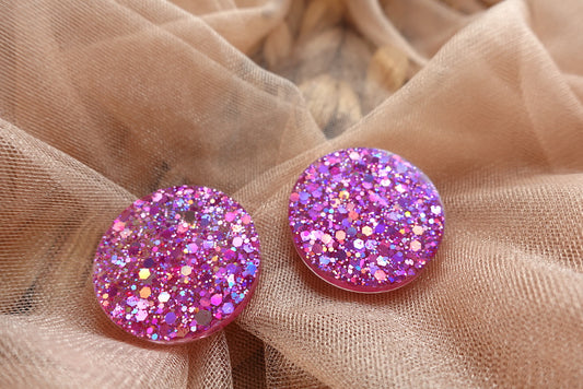 Maxi studs roze holografische glitter oorbellen