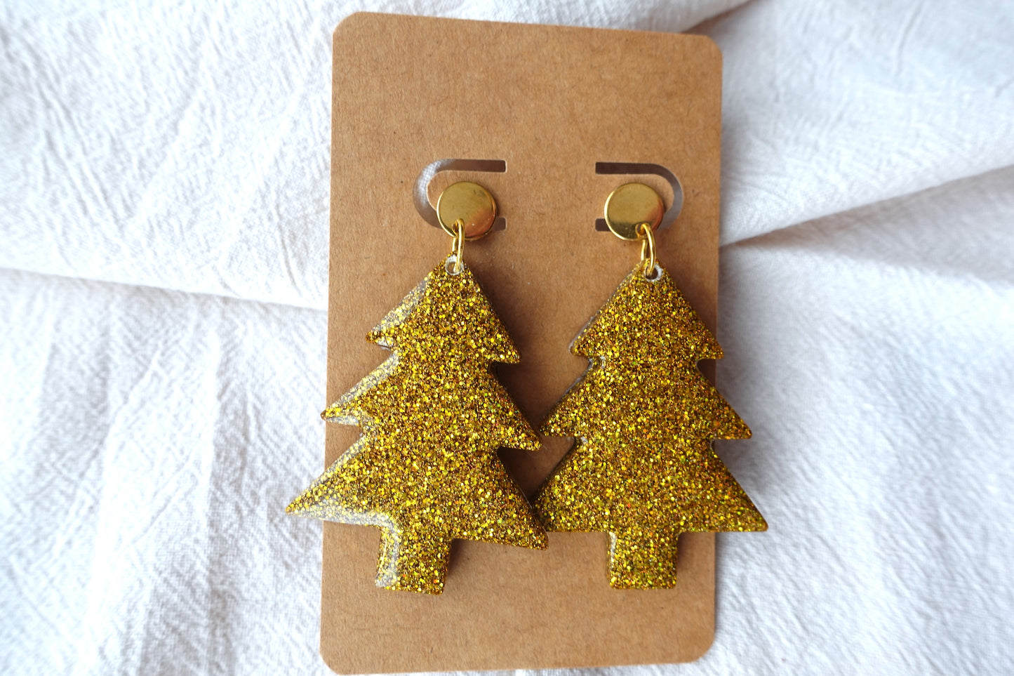 Holografische, gouden kerstboom oorbellen met stud