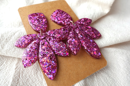 Bloem oorbellen roze glitter holografische oorbellen - statement oorbellen