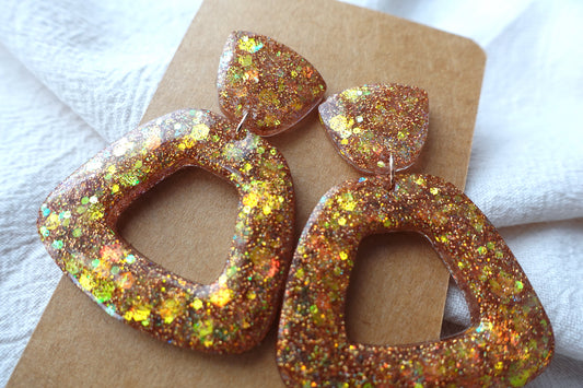 Trapezium donut oorbellen warm goud glitter holografische oorbellen - statement oorbellen