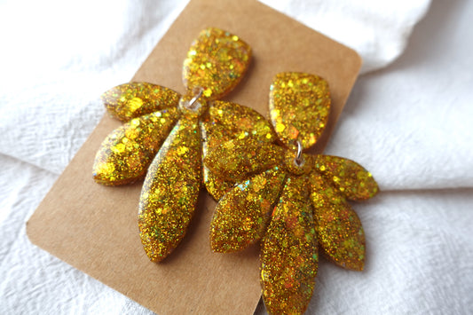 Bloem oorbellen warm goud glitter holografische oorbellen - statement oorbellen