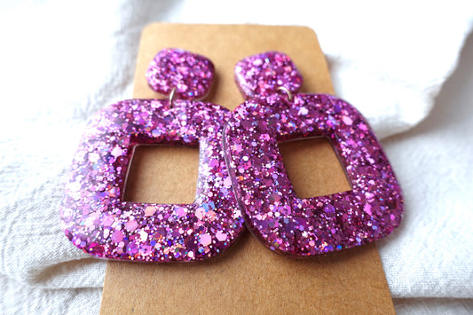 Vierkante donut oorbellen roze glitter holografische oorbellen - statement oorbellen