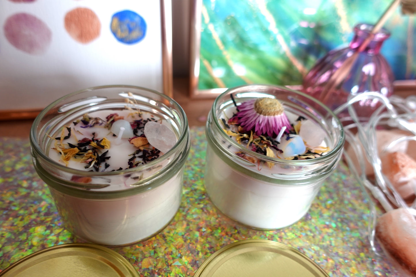 DIY Box: zelf kaarsen met gedroogde bloemen en edelstenen maken (online workshop) - rozenkwarts en opaliet