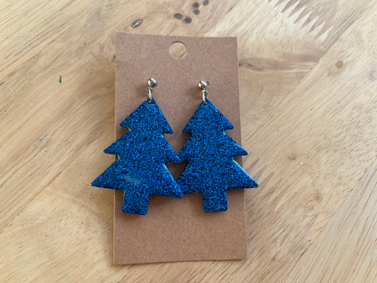 Holografische donkerblauwe kerstboom oorbellen met knoopje SKU 14