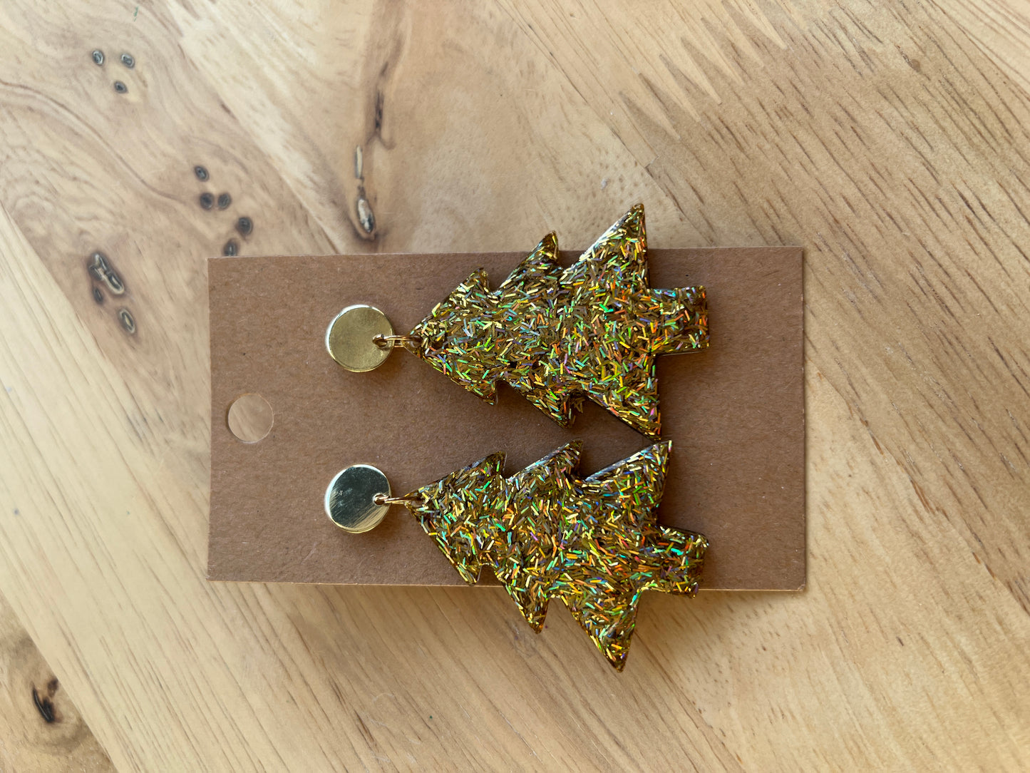 Holografische gouden kerstboom oorbellen met stud (streepjes) SKU 12