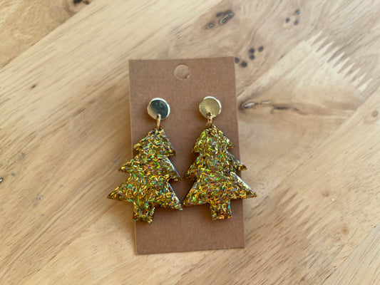 Holografische gouden kerstboom oorbellen met stud (streepjes) SKU 12