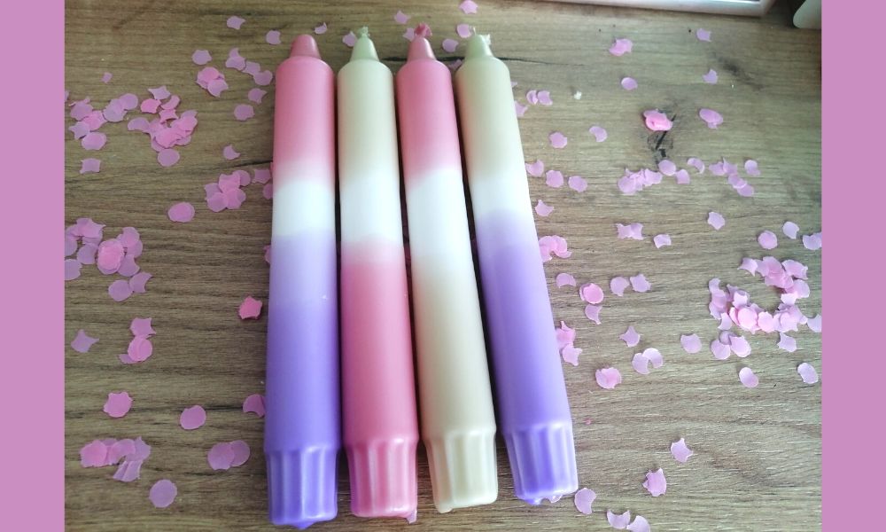 4 dip dye kaarsen: oudroze, lichtpaars en limegroen