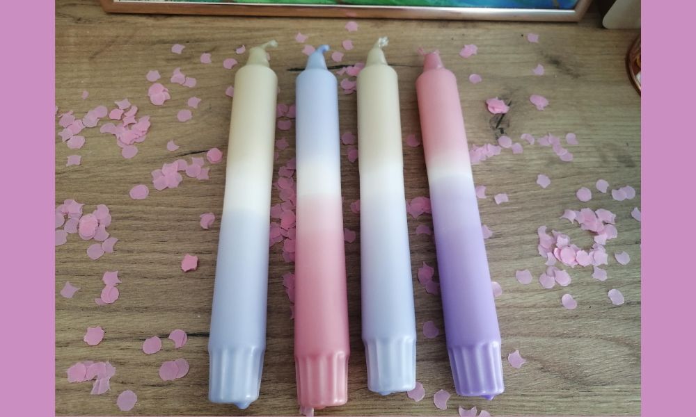 4 dip dye kaarsen: oudroze, lichtblauw, lichtpaars, limoengroen