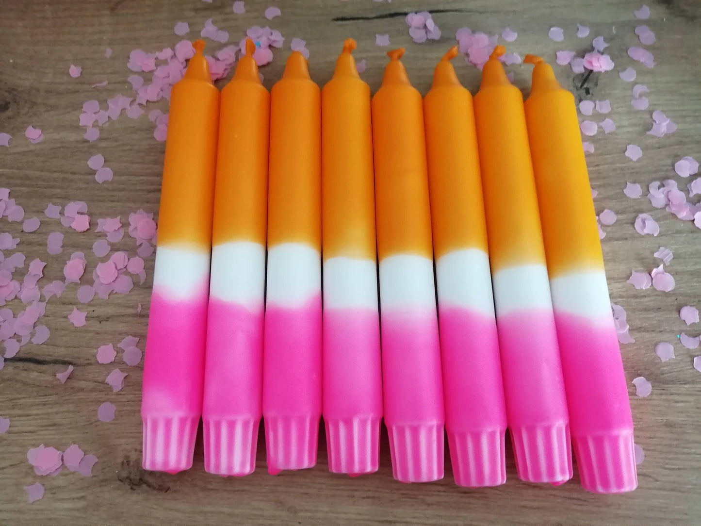 8x neon dip-dye kaarsen roze en oranje (fluo)