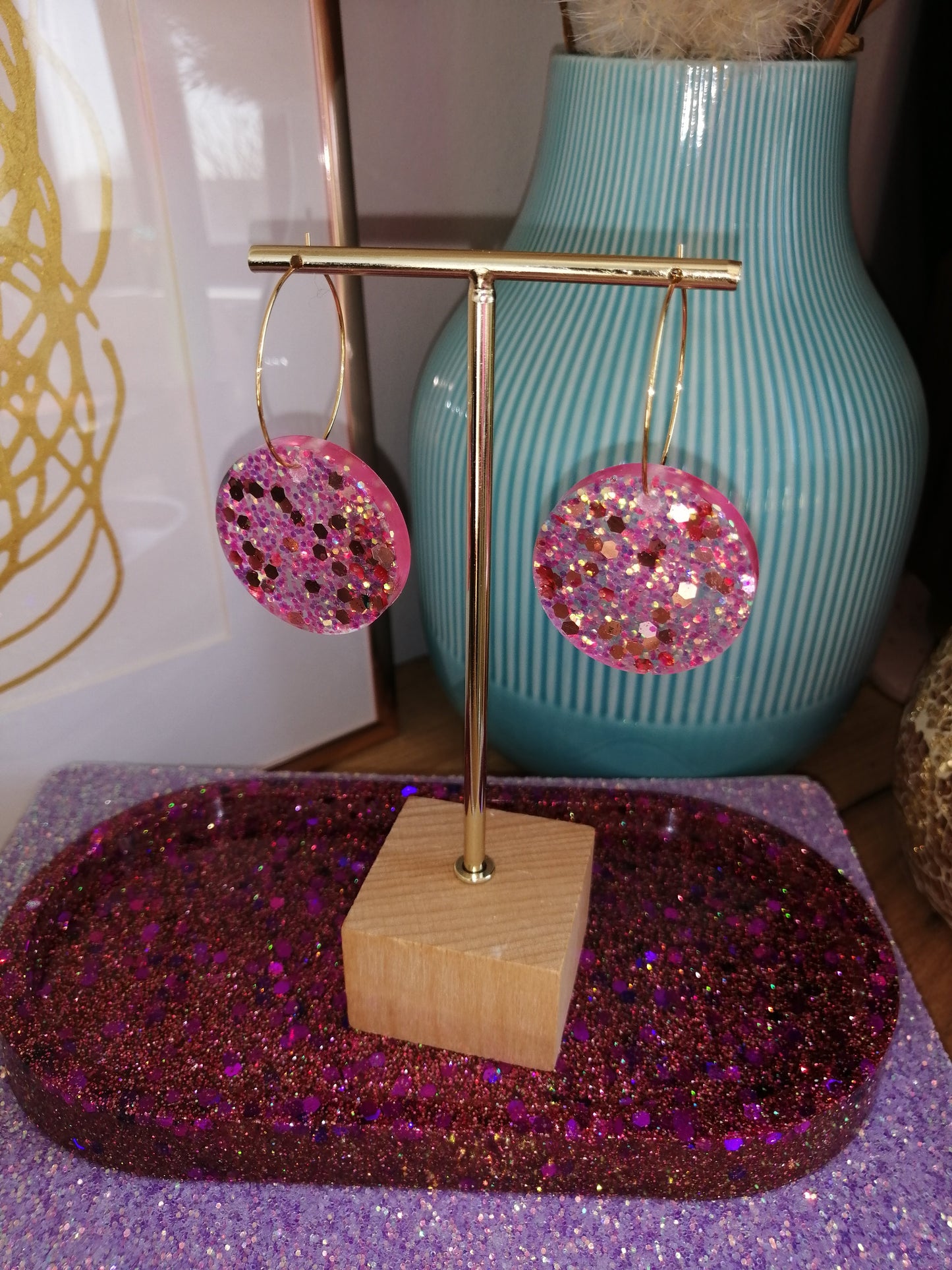 Roze en roségouden glitter oorbellen - goudkleurige hoops